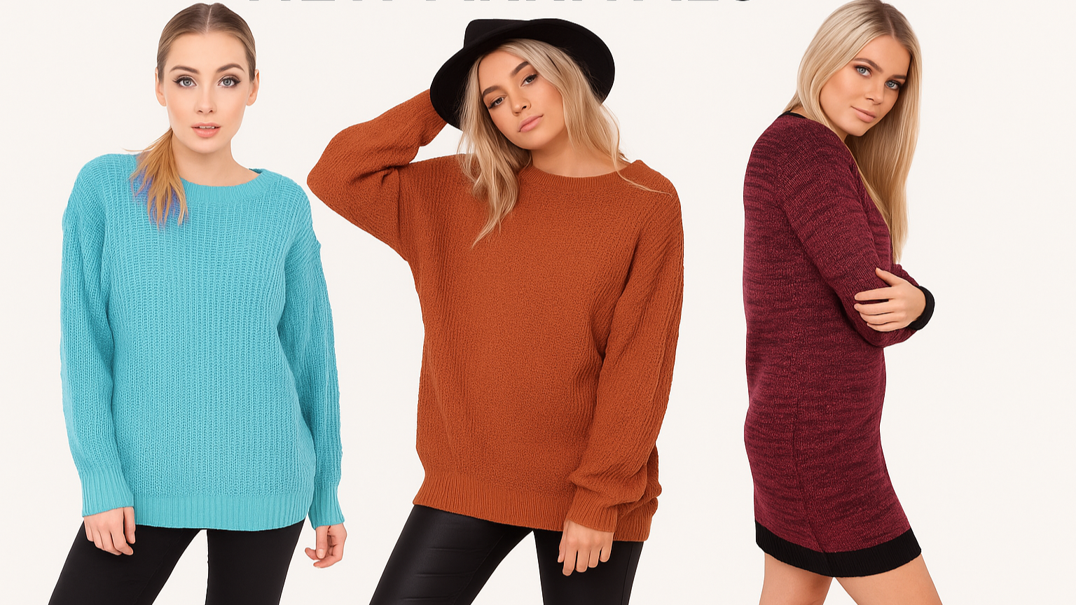Three women wearing different colored sweaters 