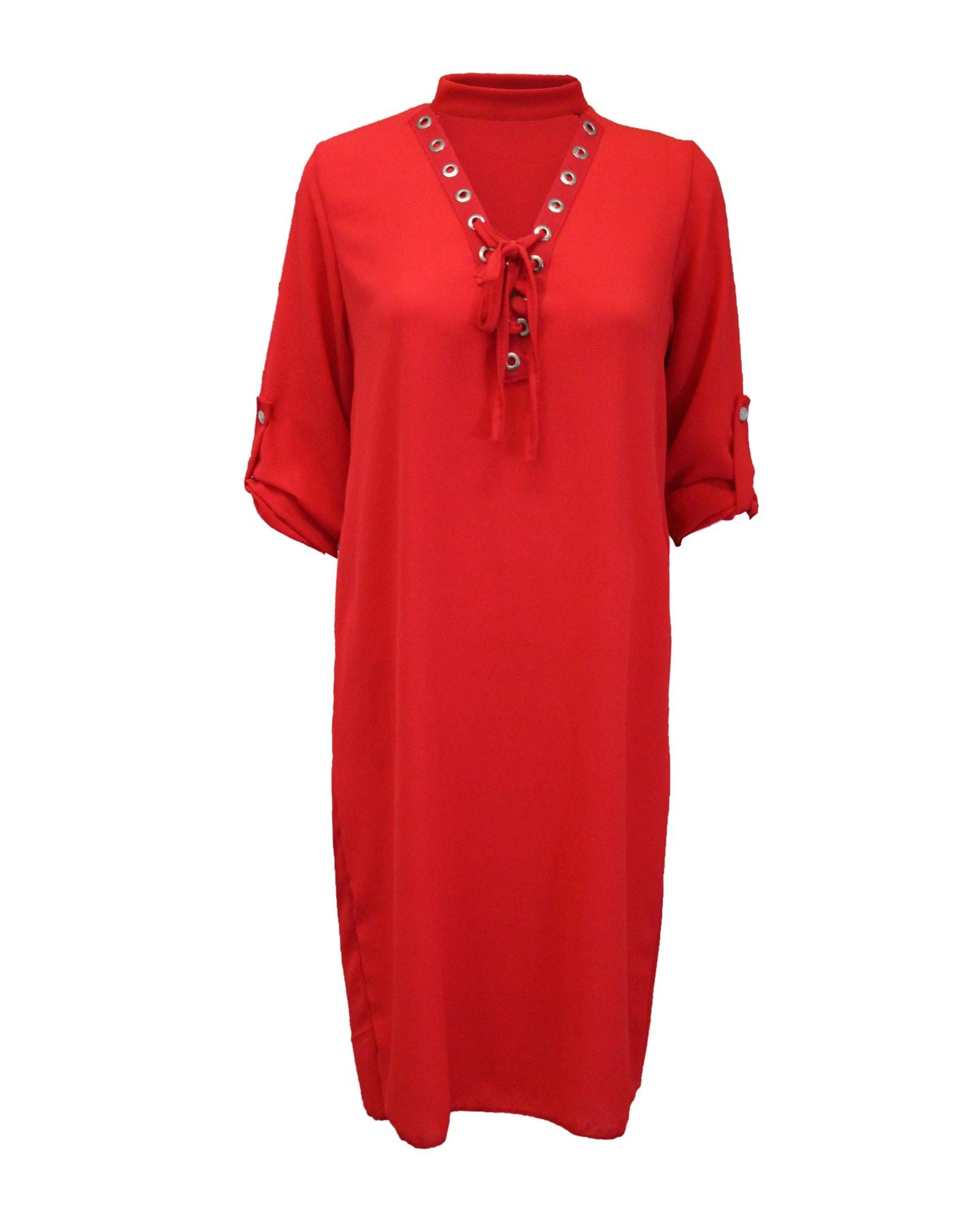 Womens Ladies Lace Up Eyelet Choker V Neck Chiffon Mini Shirt Dress Size UK 8-14