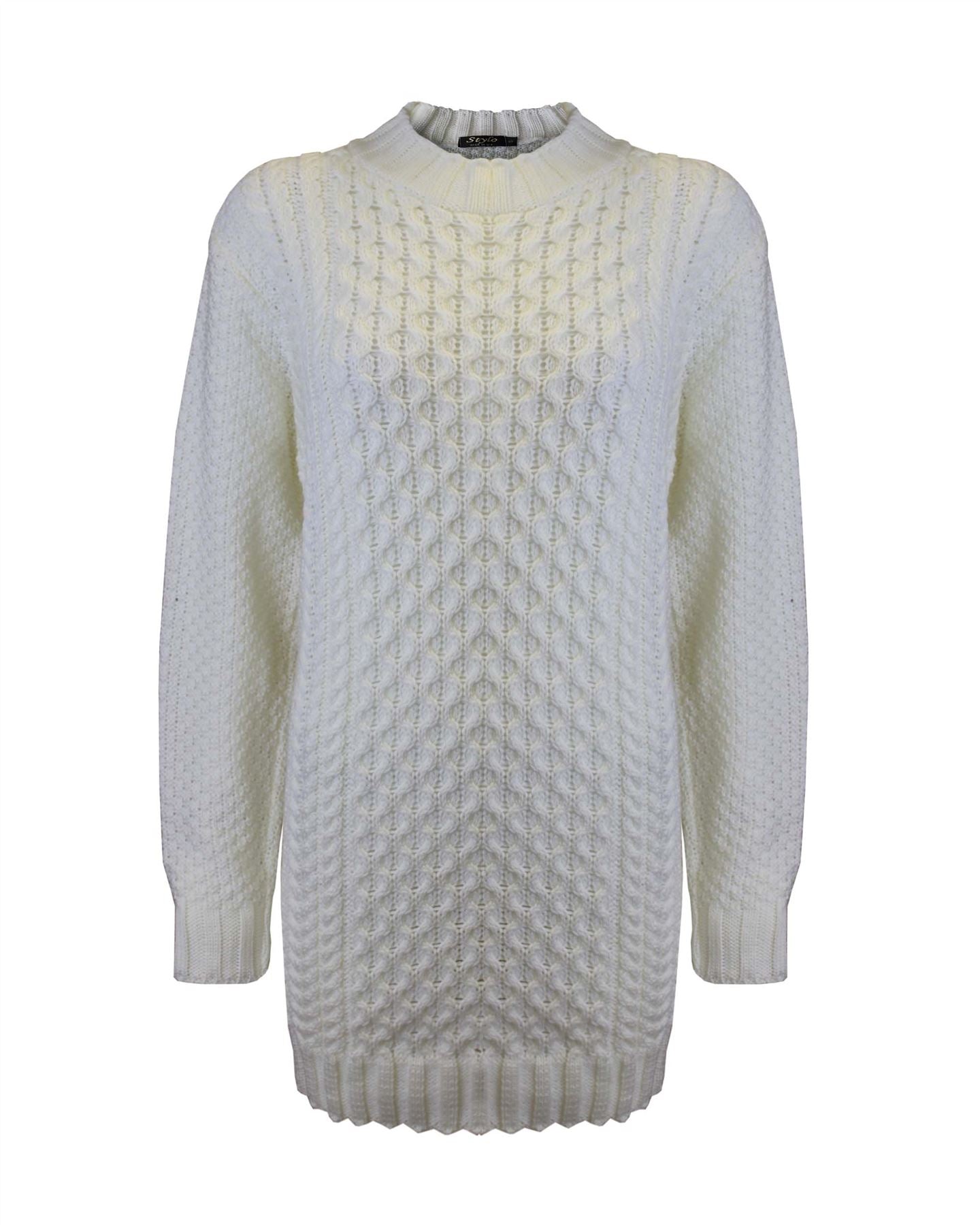 New Ladies Women Knitted Long Sleeve Cable Knit Jumper Stretch Dress Top Sweater