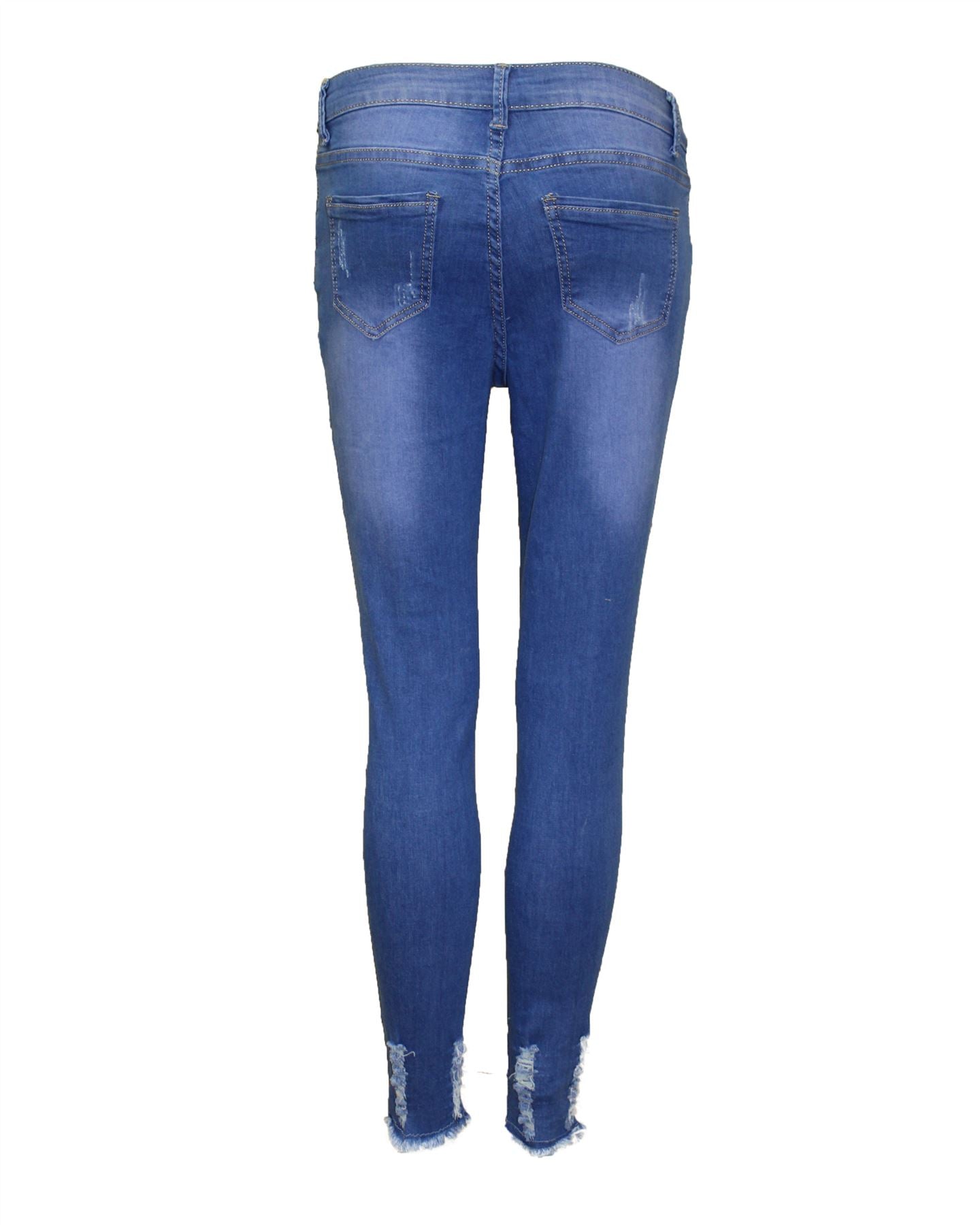 New Ladies Women Ripped Hem Distress Super Skinny Stretch Jeans Jeggings Blue