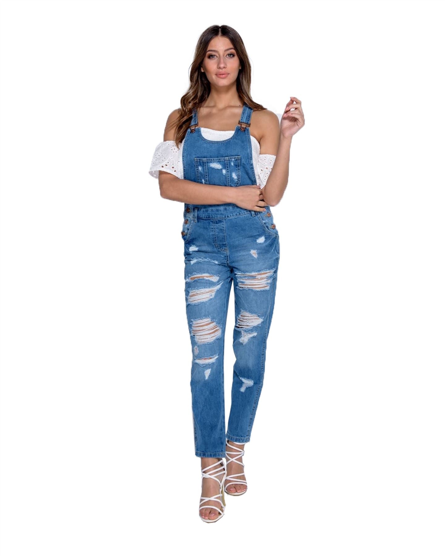 Ladies Women Long Relaxed Leg Rip Detail Distressed Denim Blue Dungaree Dress