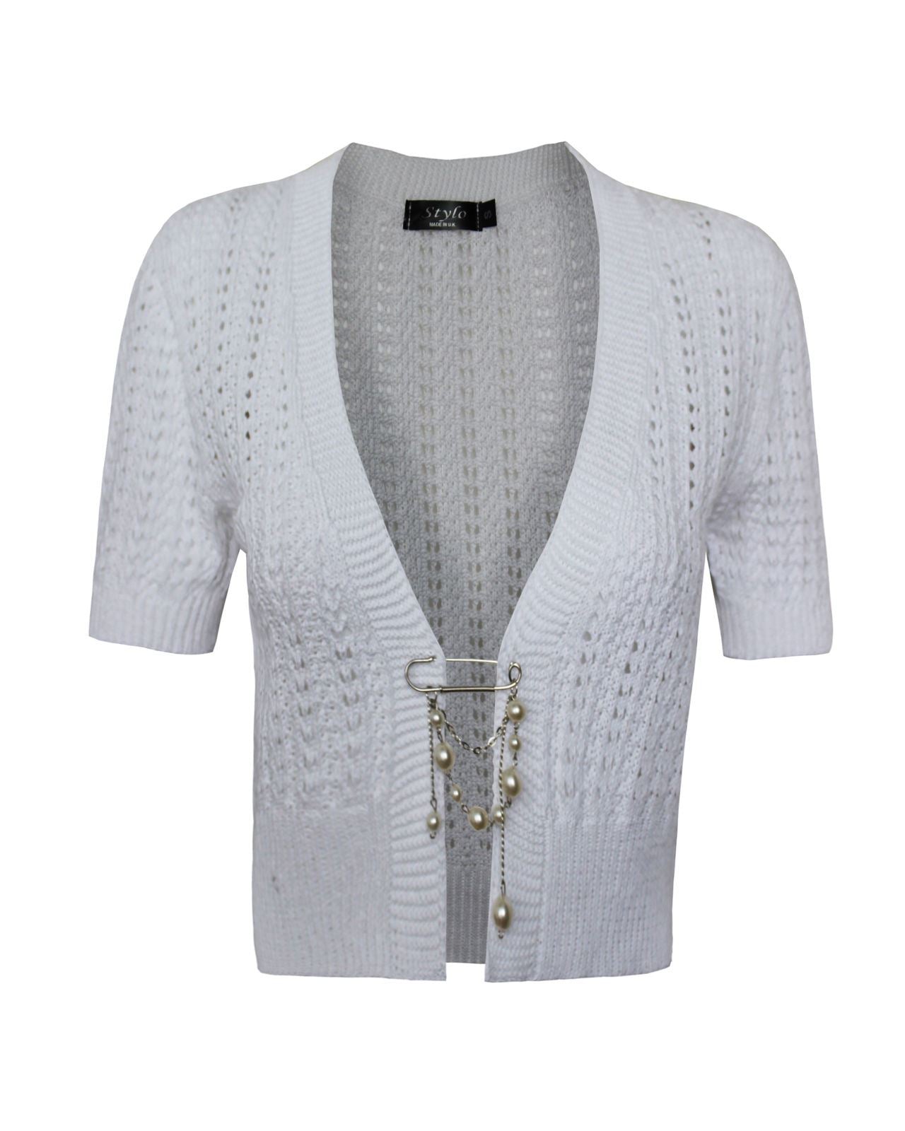 Ladies Womens knitted Short Sleeves Brooched CARDIGAN New Shrug Crop TOP 8-16