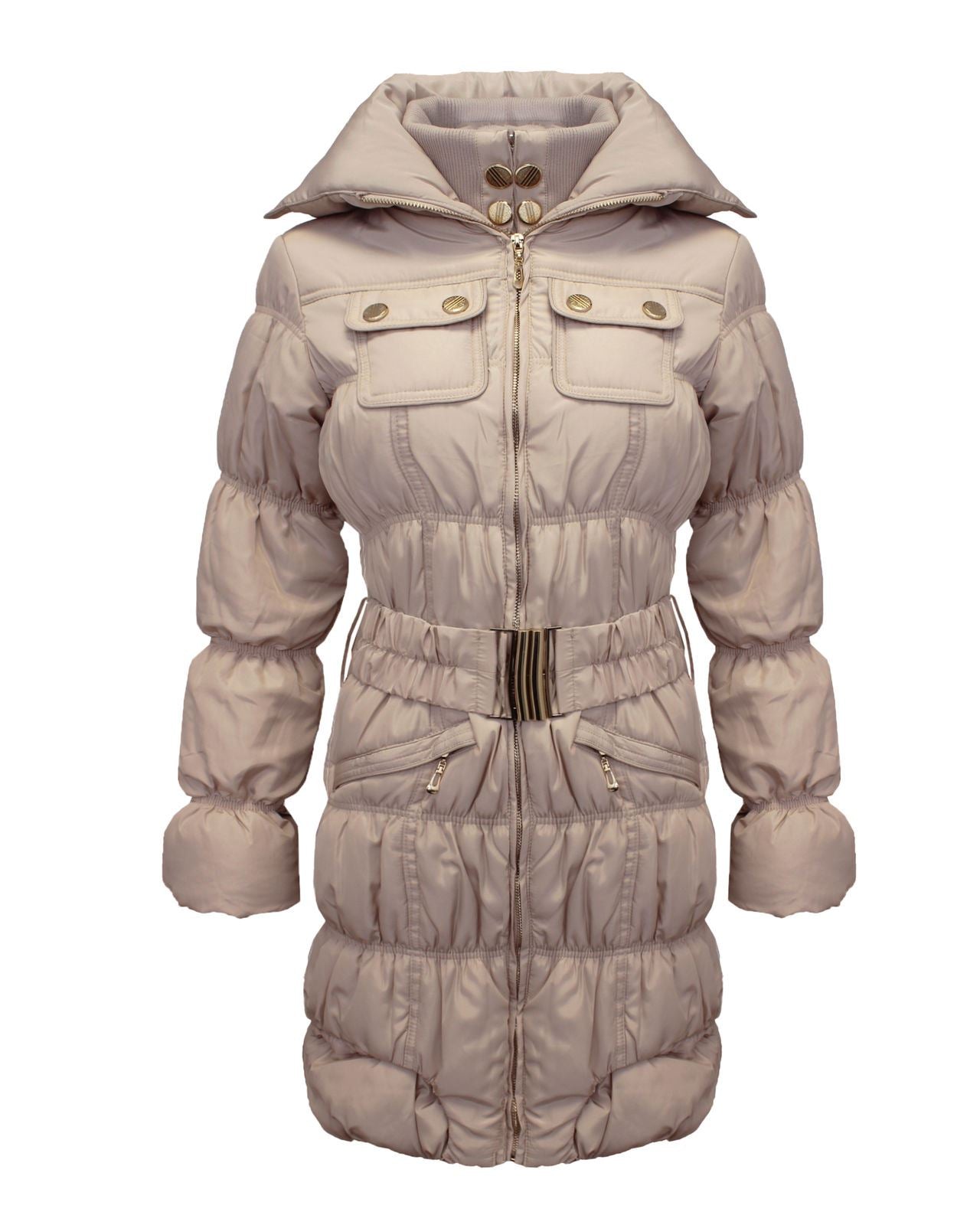 Ladies Women Puffer High Neck Collar Quilted Padded Waist Belt Coat Jacket 8-16