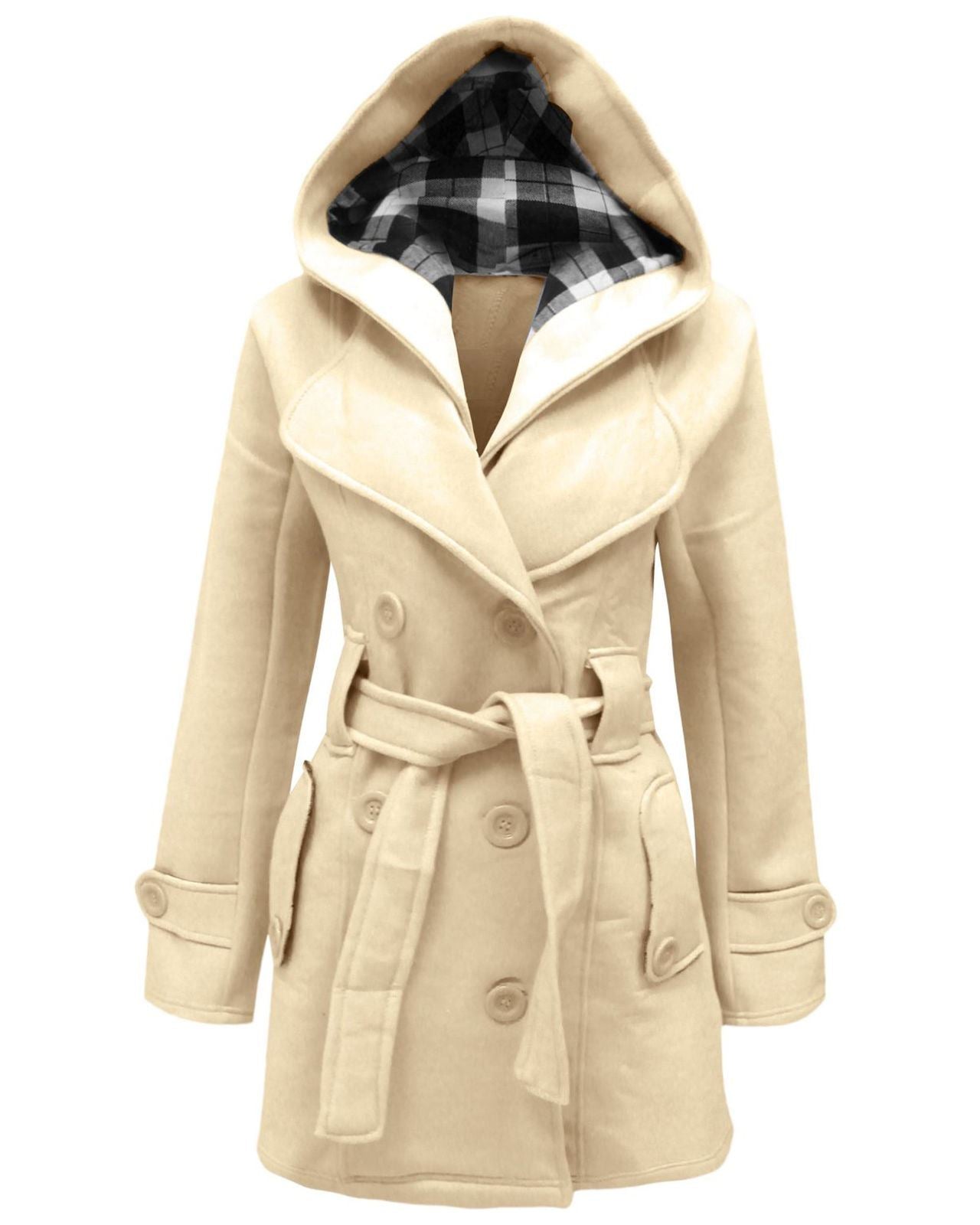Ladies Women Long Sleeves Hooded Button Waist Belt Fleece Pocket Jacket Coat top