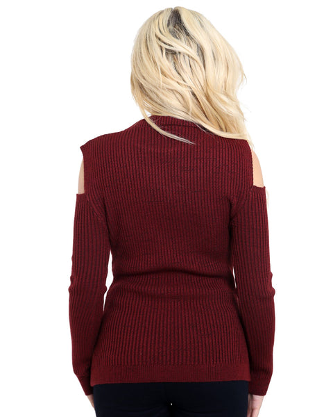 Knitted Cold Shoulder Ladies Women Long Sleeve Ribbed Jumper Shoulder Cutout Top