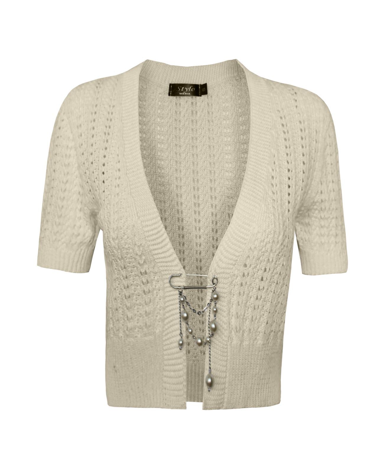 Ladies Womens knitted Short Sleeves Brooched CARDIGAN New Shrug Crop TOP 8-16