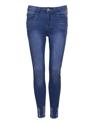 New Ladies Women Ripped Hem Distress Super Skinny Stretch Jeans Jeggings Blue