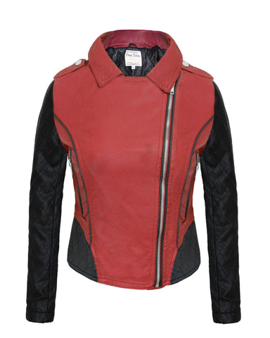 Ladies Women Pvc Pu Faux Leather Two Tone Bomber Biker Collar Jacket Side Zip