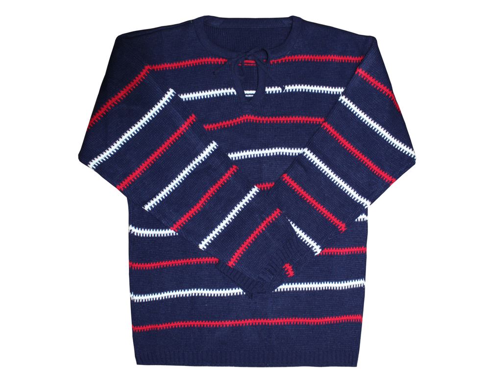 Mens Knitted Stripe Long Sleeve Navy Blue Jumper Top Chunky Knit Sweater 8-14