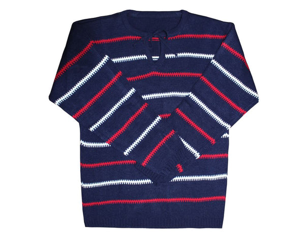 Mens Knitted Stripe Long Sleeve Navy Blue Jumper Top Chunky Knit Sweater 8-14