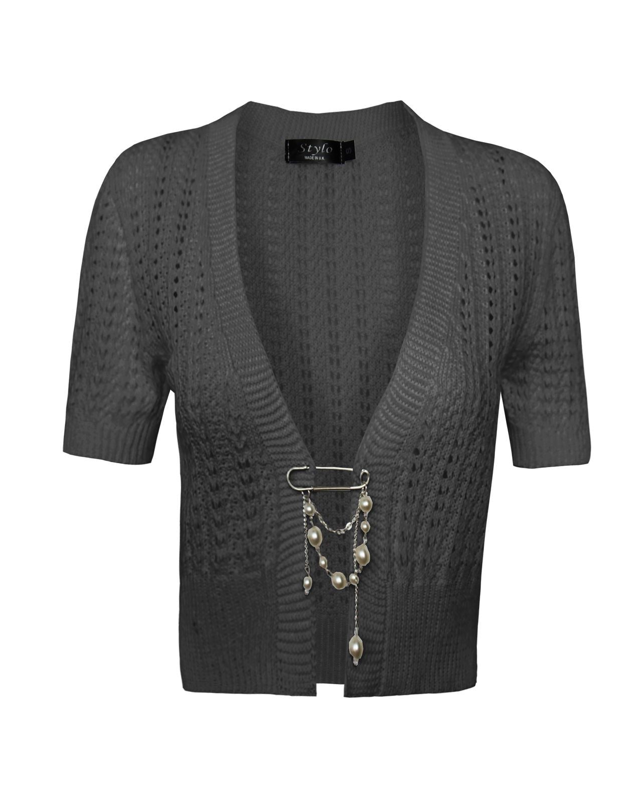 Ladies Womens knitted Short Sleeves Brooched CARDIGAN New Shrug Crop TOP 8-16