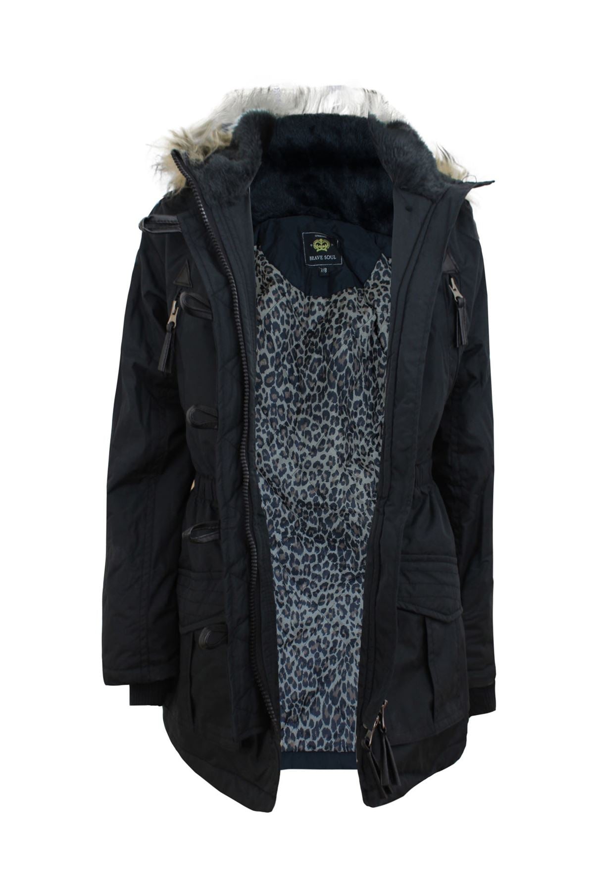 GIRLS KIDS BRAVE SOUL FUR HOODED MILTARY PARKA ANIMAL PRINT CASUAL COAT JACKET