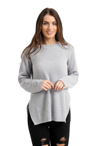 New Ladies Women’s Knitted Round Neck Long Sleeve Side Split Jumper Top Sweater