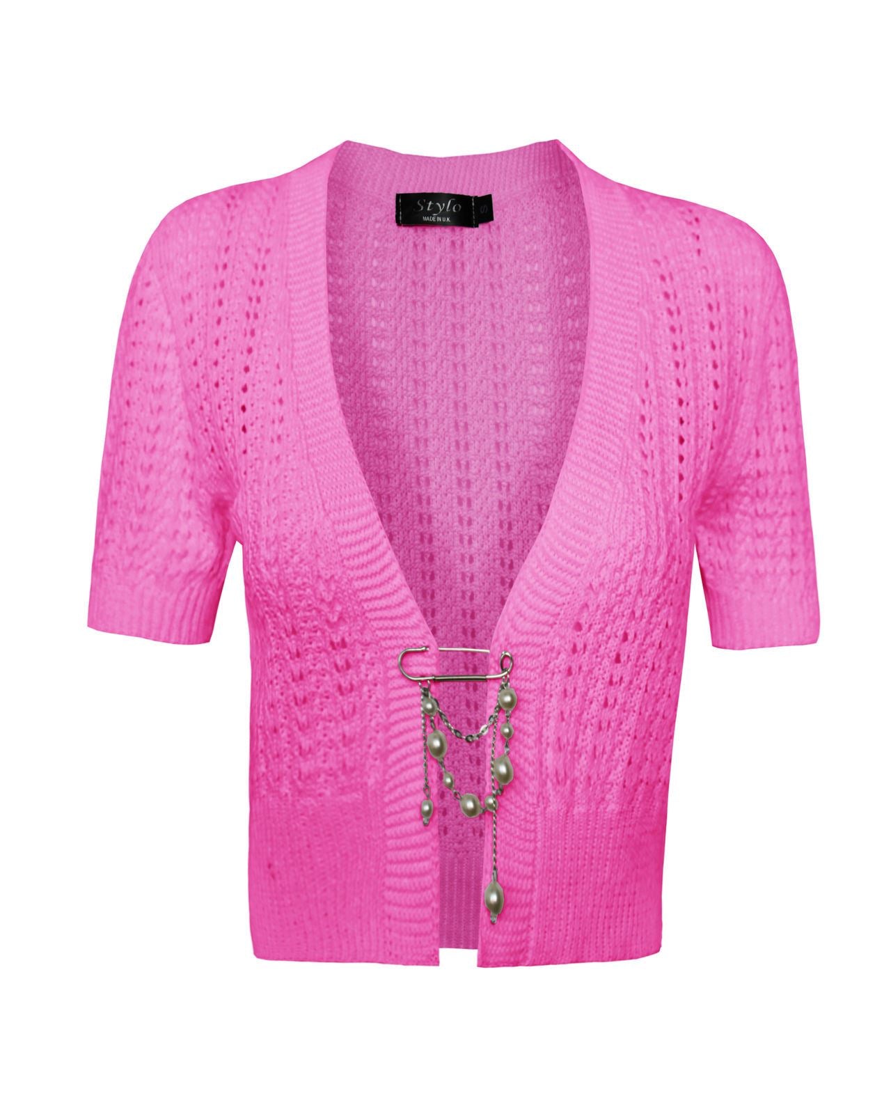 Ladies Womens knitted Short Sleeves Brooched CARDIGAN New Shrug Crop TOP 8-16