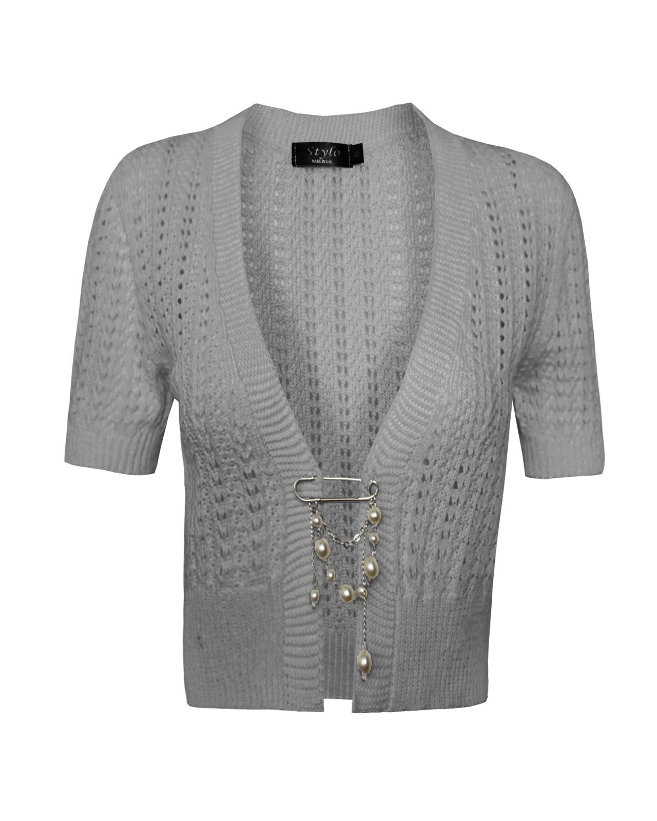 Ladies Womens knitted Short Sleeves Brooched CARDIGAN New Shrug Crop TOP 8-16