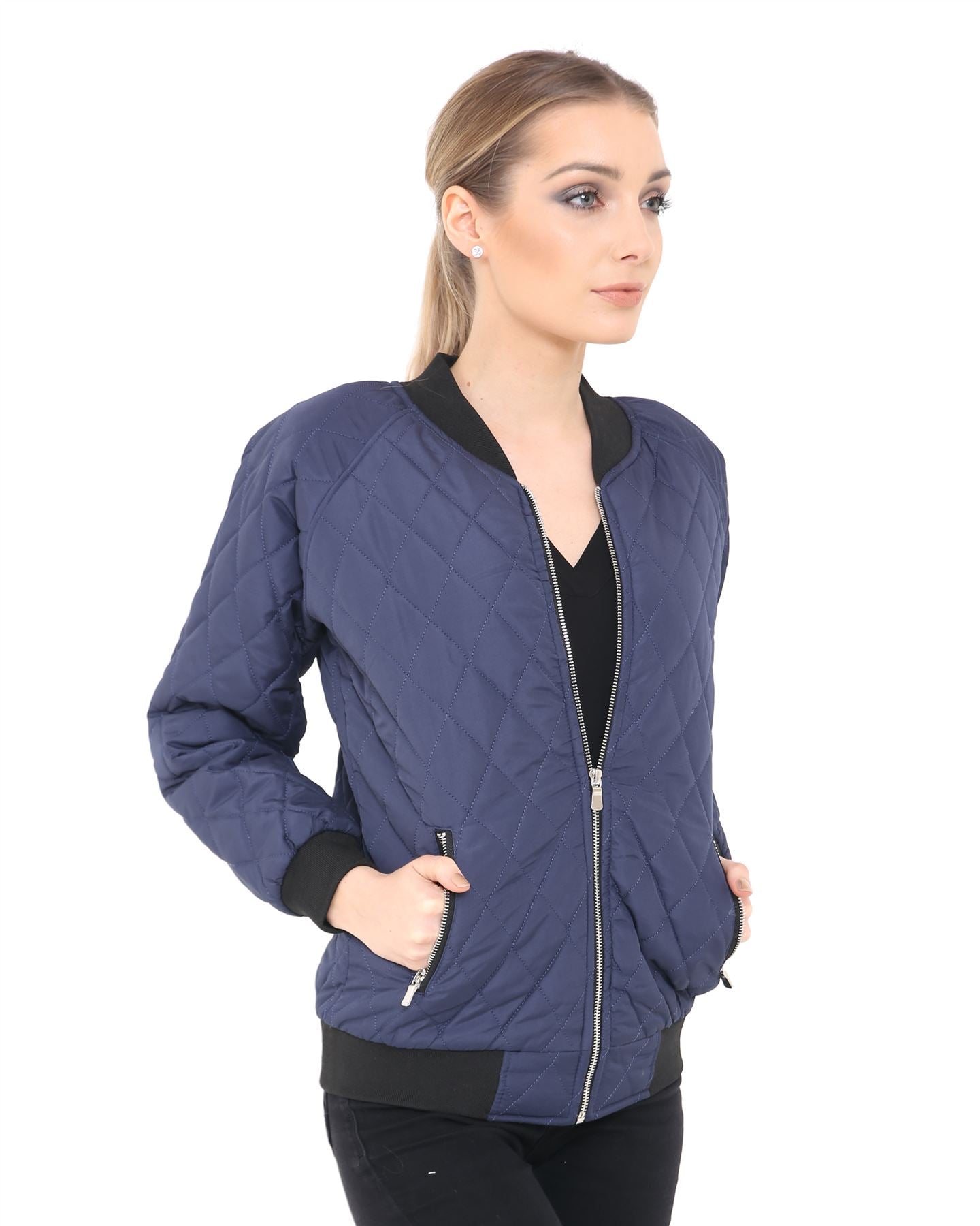 New Ladies Women Bomber Quilted Padded Puffer Zip Pocket Puffa Coat Jacket Top