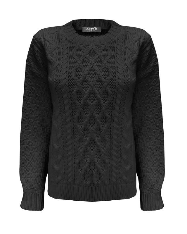 Ladies Women Crew Neck Diamond Knit Long Sleeve Cable Jumper Short Sweater Top