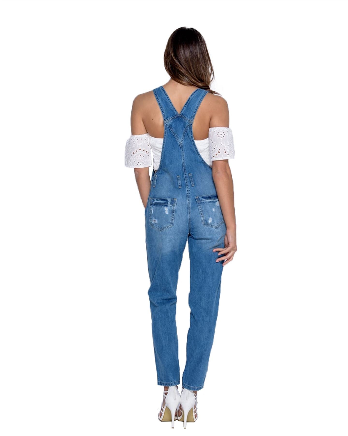 Ladies Women Long Relaxed Leg Rip Detail Distressed Denim Blue Dungaree Dress