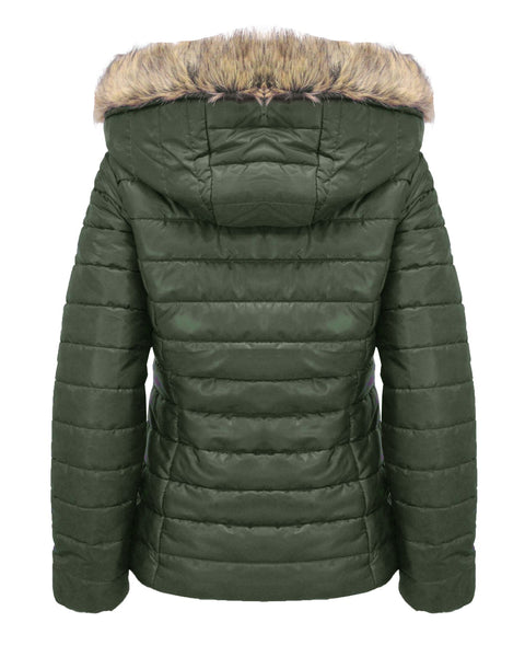 Ladies Women Shiny WetLook Quilted Puffer Fur Hooded Bubble Jacket Coat Top 8-14
