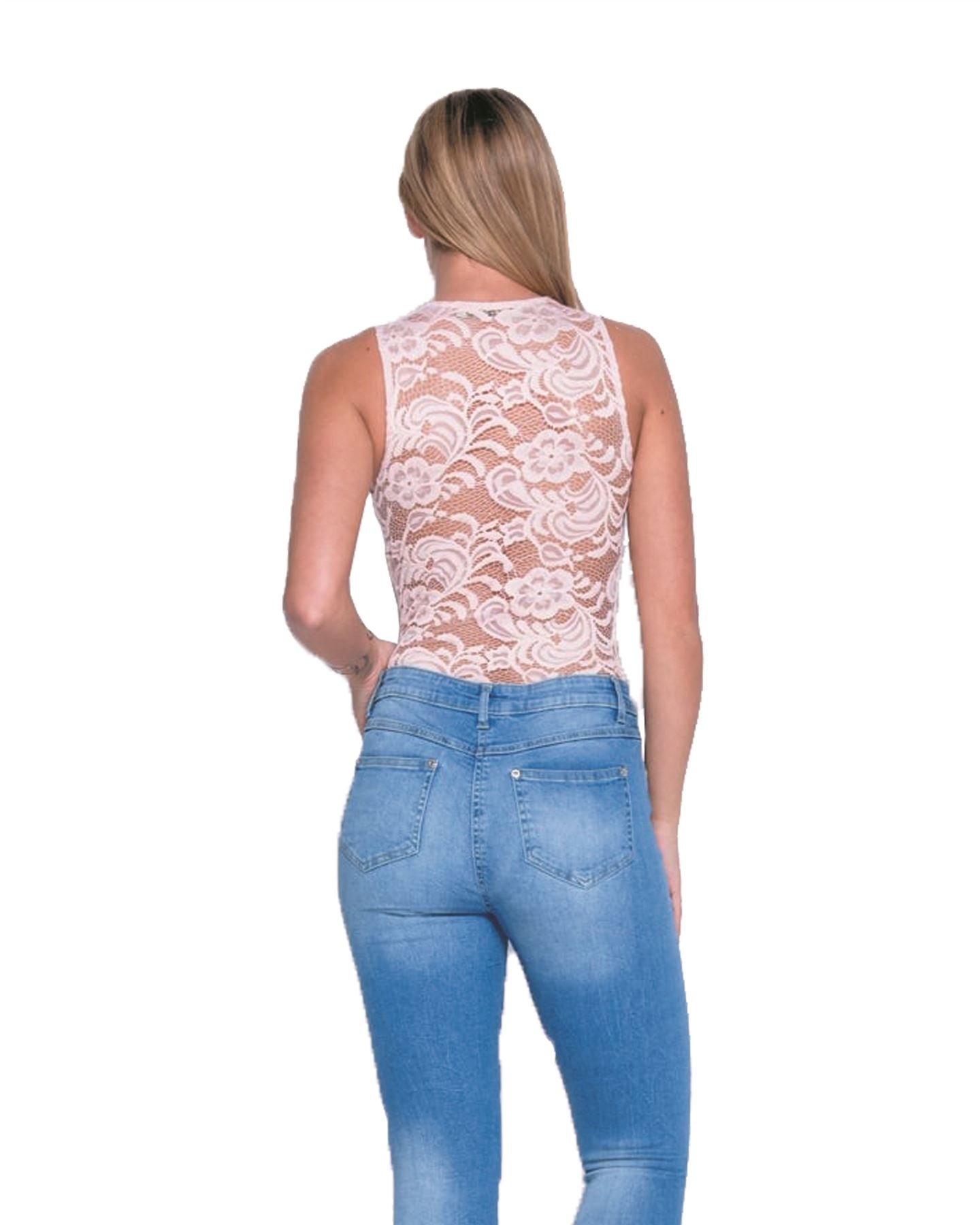 Women Ladies Sleeveless Scallop Lace V Neck Bodysuit Leotard Lace Top Jumpsuit