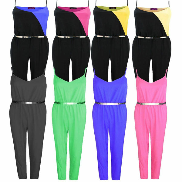 Women Ladies Sleeveless Adjustable Strap Two Tone Belted Block Playsuit Jumpsuit