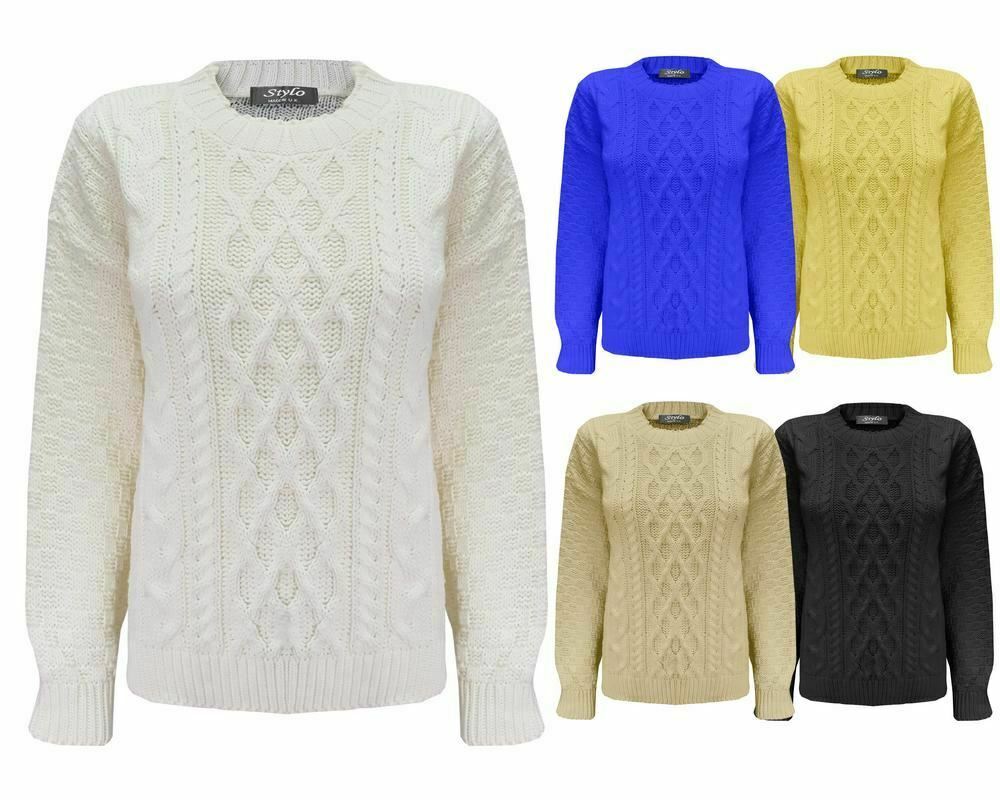 Ladies Women Crew Neck Diamond Knit Long Sleeve Cable Jumper Short Sweater Top
