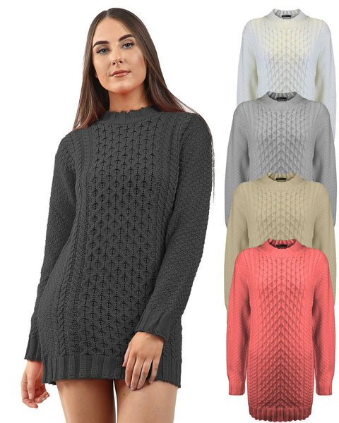 New Ladies Women Knitted Long Sleeve Cable Knit Jumper Stretch Dress Top Sweater