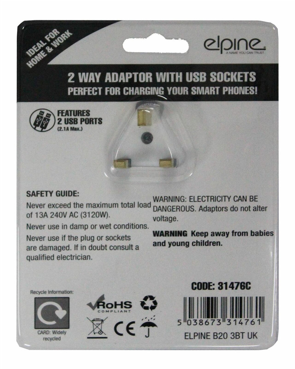 13A 2 Way Wall Adaptor Socket Phone Tablet USB Charging Ports 3 Pin Plug