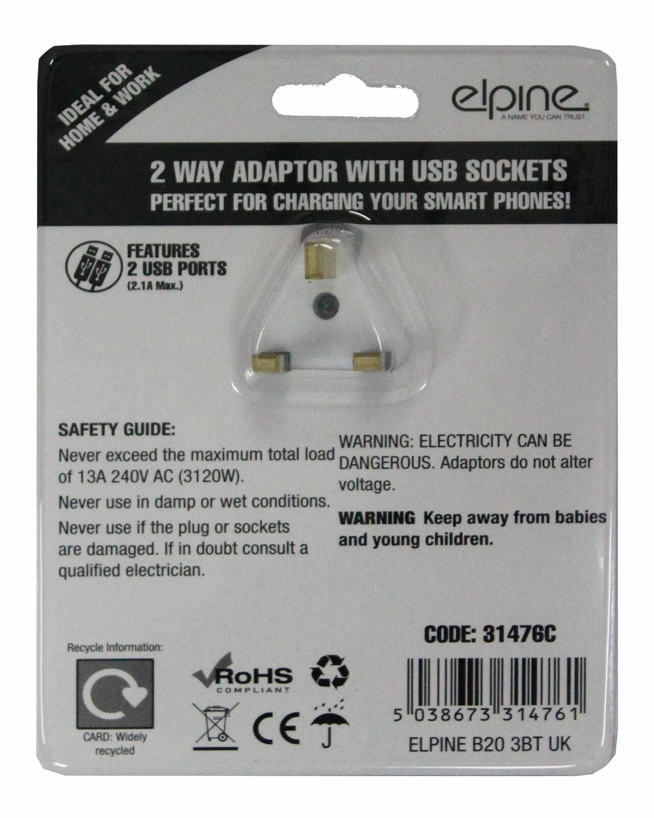 13A 2 Way Wall Adaptor Socket Phone Tablet USB Charging Ports 3 Pin Plug