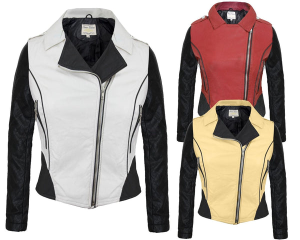 Ladies Women Pvc Pu Faux Leather Two Tone Bomber Biker Collar Jacket Side Zip