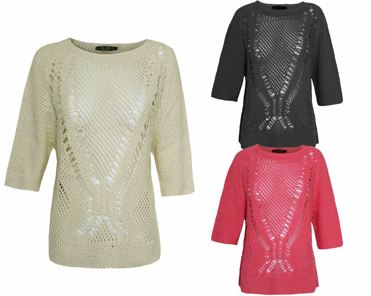 Ladies Women Crew Neck Batwing Short Sleeve Holey Knit Fisherman Jumper Top 8-14