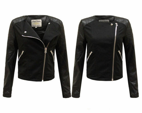 New Ladies Women Side Zipped Faux Leather PU PVC Crop Black Biker Jacket 8-14