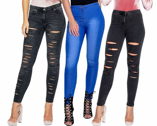 New Ladies Women Faded Ripped Denim Multi Slash Skinny Stretchy Jeans Jeggings
