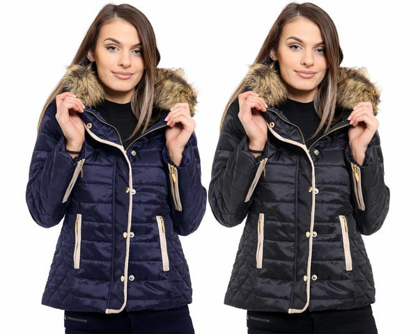 Ladies Womens Faux Fur Collar Quilted Padded Jacket Button Zip Coat Size 8-14