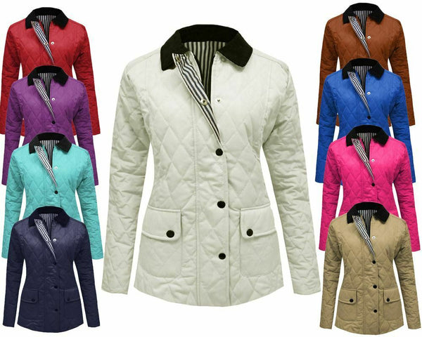 New Ladies Womens Quilted Padded Collar Buttoned Zipped Jacket Thick Coat Top