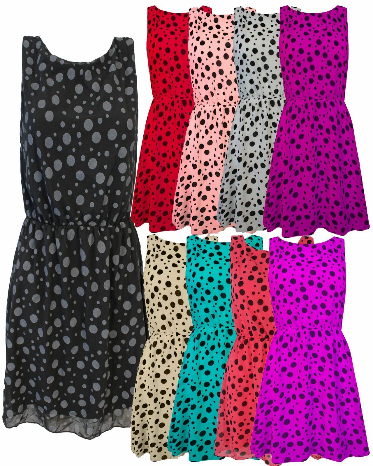 New Ladies Women Sleeveless Polka Dot Detail Swing Skater Short Dress Top 8-12