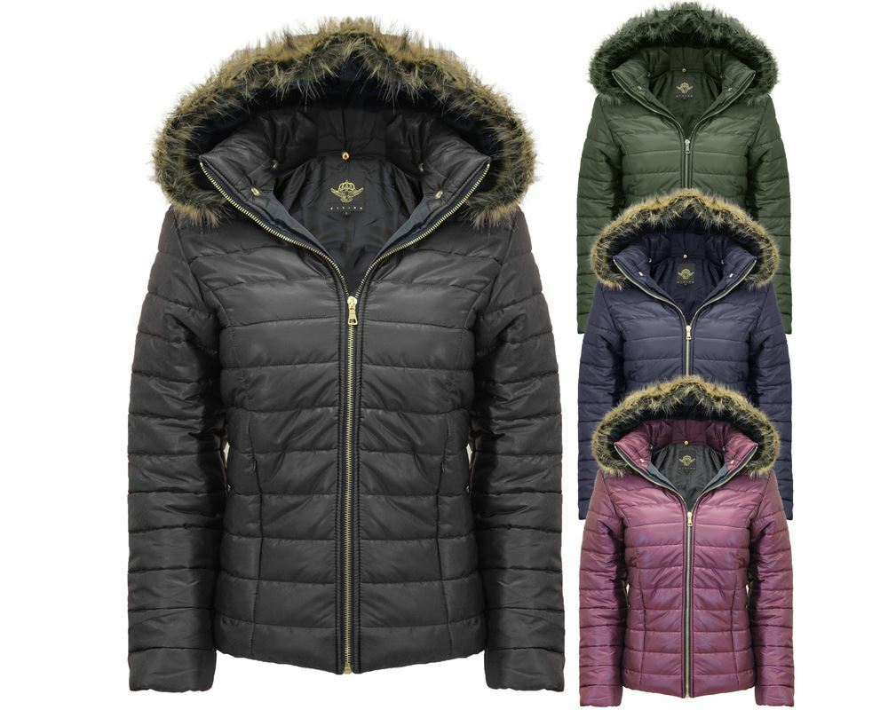 Ladies Women Shiny WetLook Quilted Puffer Fur Hooded Bubble Jacket Coat Top 8-14