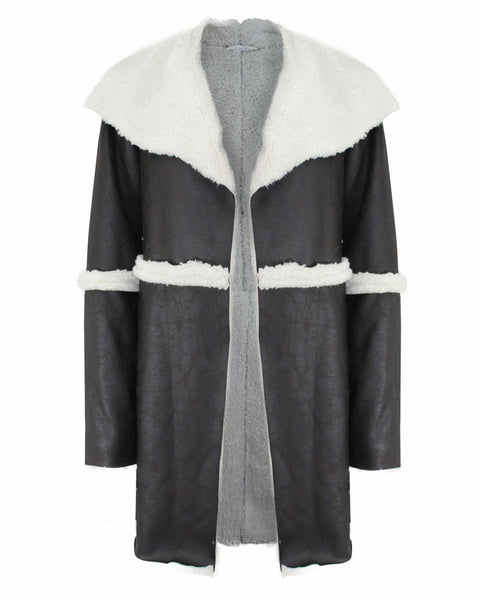 Ladies Women Fur Lined Italian Patchwork Open Cardigan Warm Jacket Collar Coat