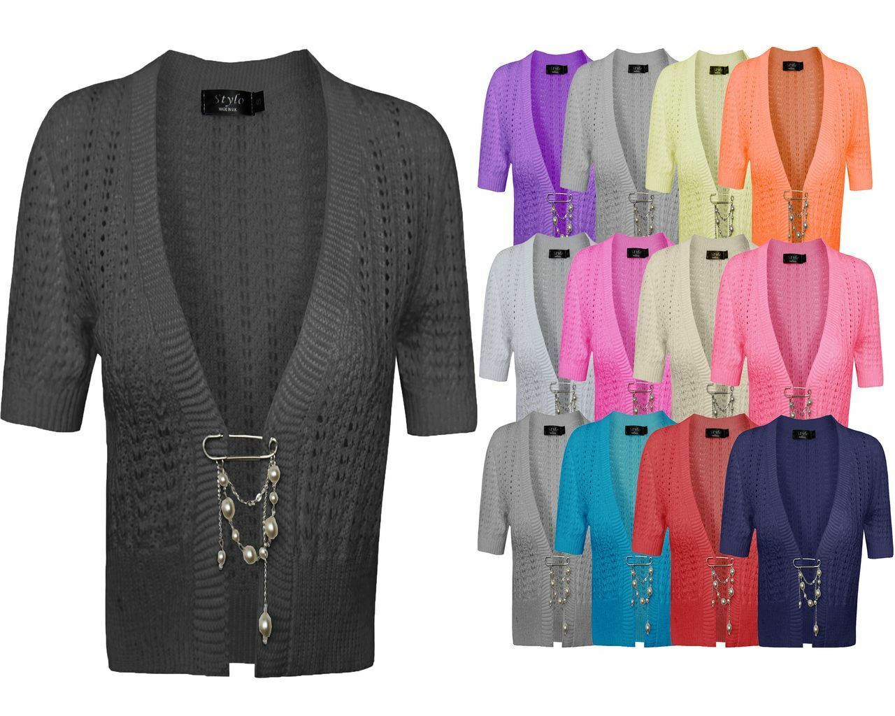 Ladies Womens knitted Short Sleeves Brooched CARDIGAN New Shrug Crop TOP 8-16