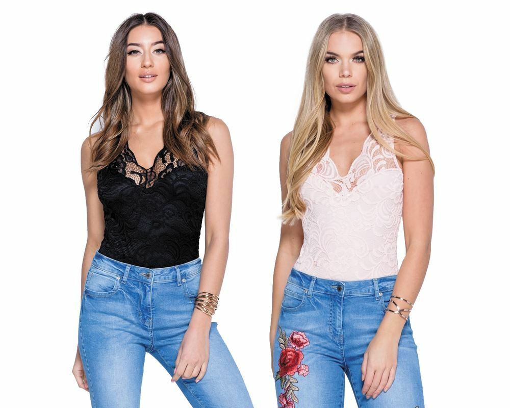 Women Ladies Sleeveless Scallop Lace V Neck Bodysuit Leotard Lace Top Jumpsuit