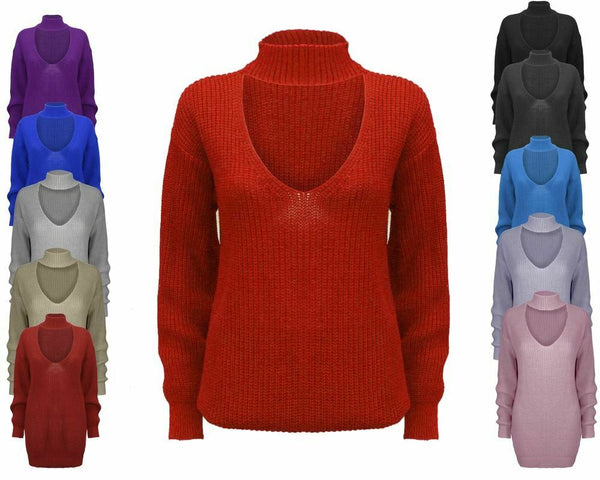 New Ladies Women Knitted Long Sleeve Choker Neck Colour Jumper Top Sweater 8-18