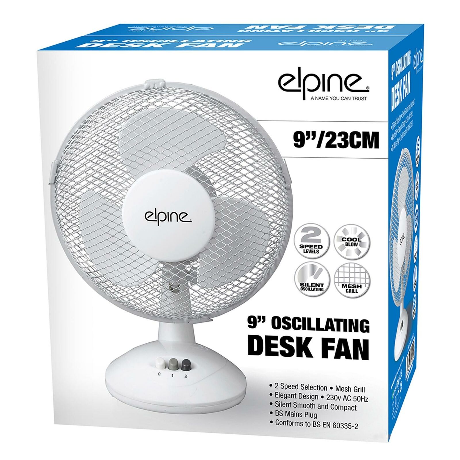 Elegant Design Oscillating 2 Speeds 9” Clip on Desk Fan Table White 3 Pin Plug