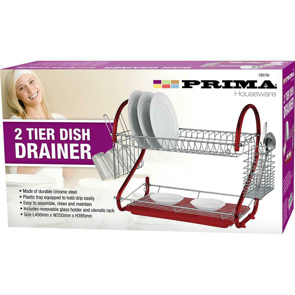 Prima 2 Tier Chrome Plate Dish Cup Cutlery Drainer Rack Drip Tray Plat