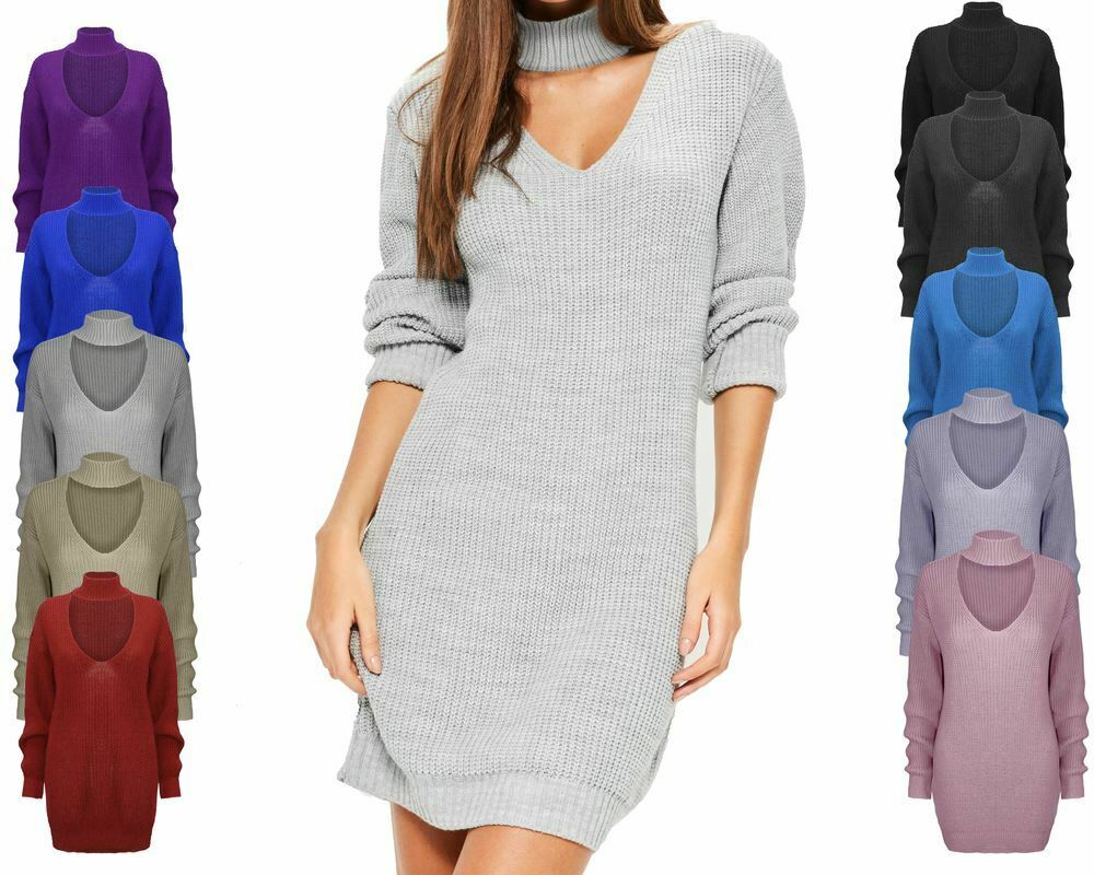 New Ladies Women Knitted Long Sleeve Choker Neck Colour Jumper Top Sweater 8-18
