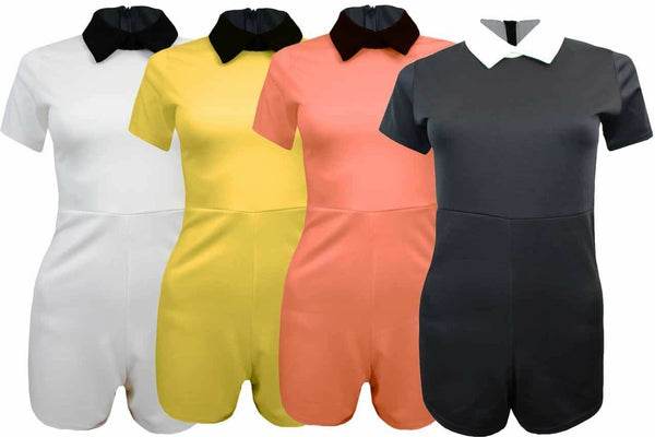 Ladies Womens Short Sleeve Peter Pan Collar Plain Stretch Playsuit Jumpsuit 8-14