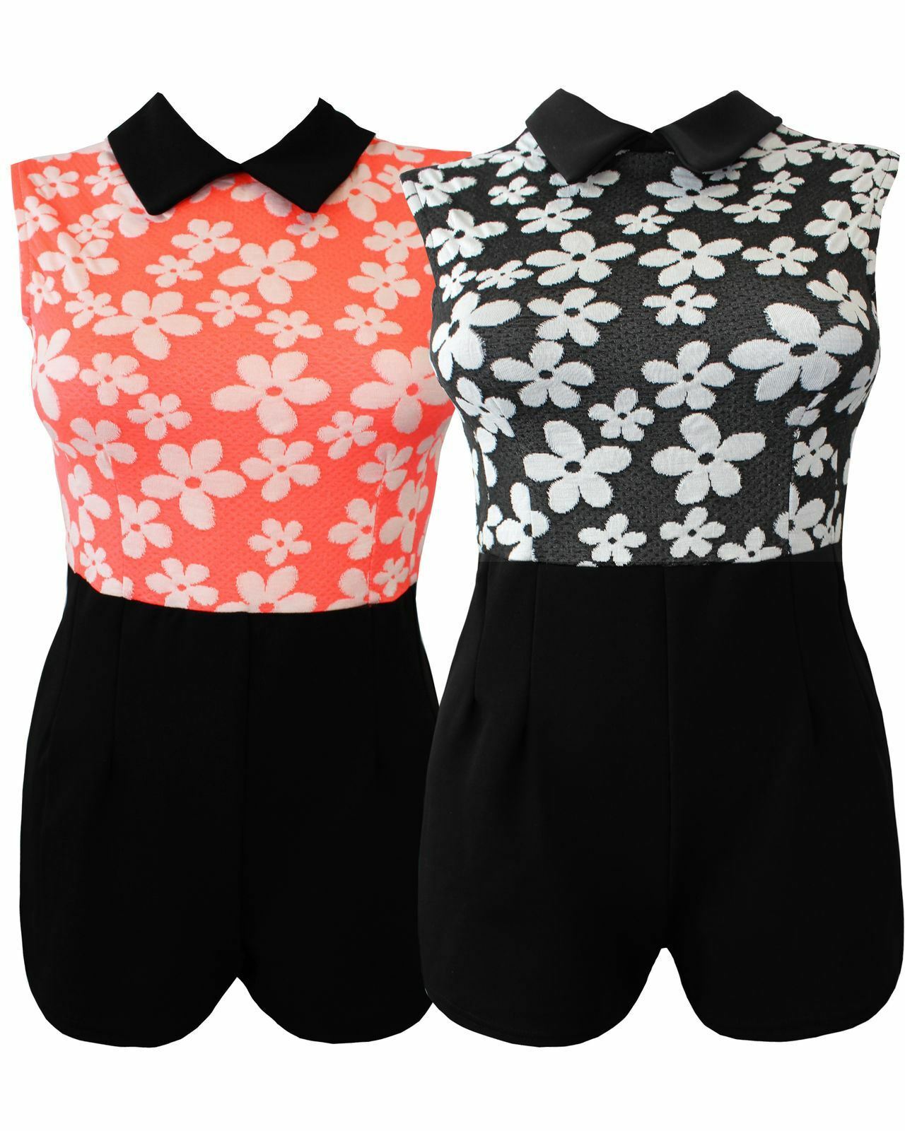 Women Ladies Peter Pan Collar Daisy Flower Print Sleeveless Jumpsuit Playsuit
