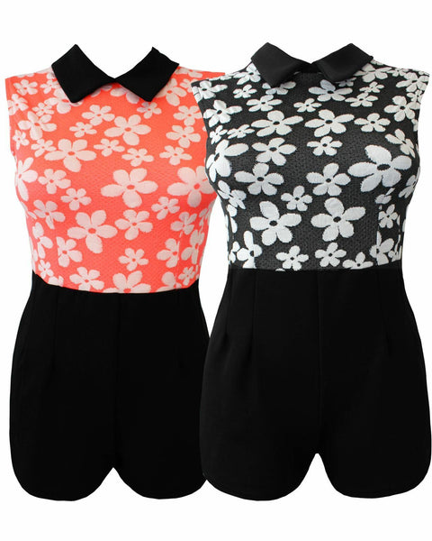 Women Ladies Peter Pan Collar Daisy Flower Print Sleeveless Jumpsuit Playsuit
