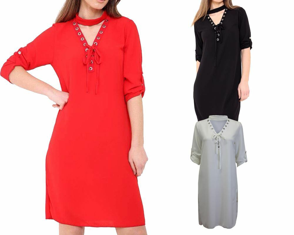 Womens Ladies Lace Up Eyelet Choker V Neck Chiffon Mini Shirt Dress Size UK 8-14