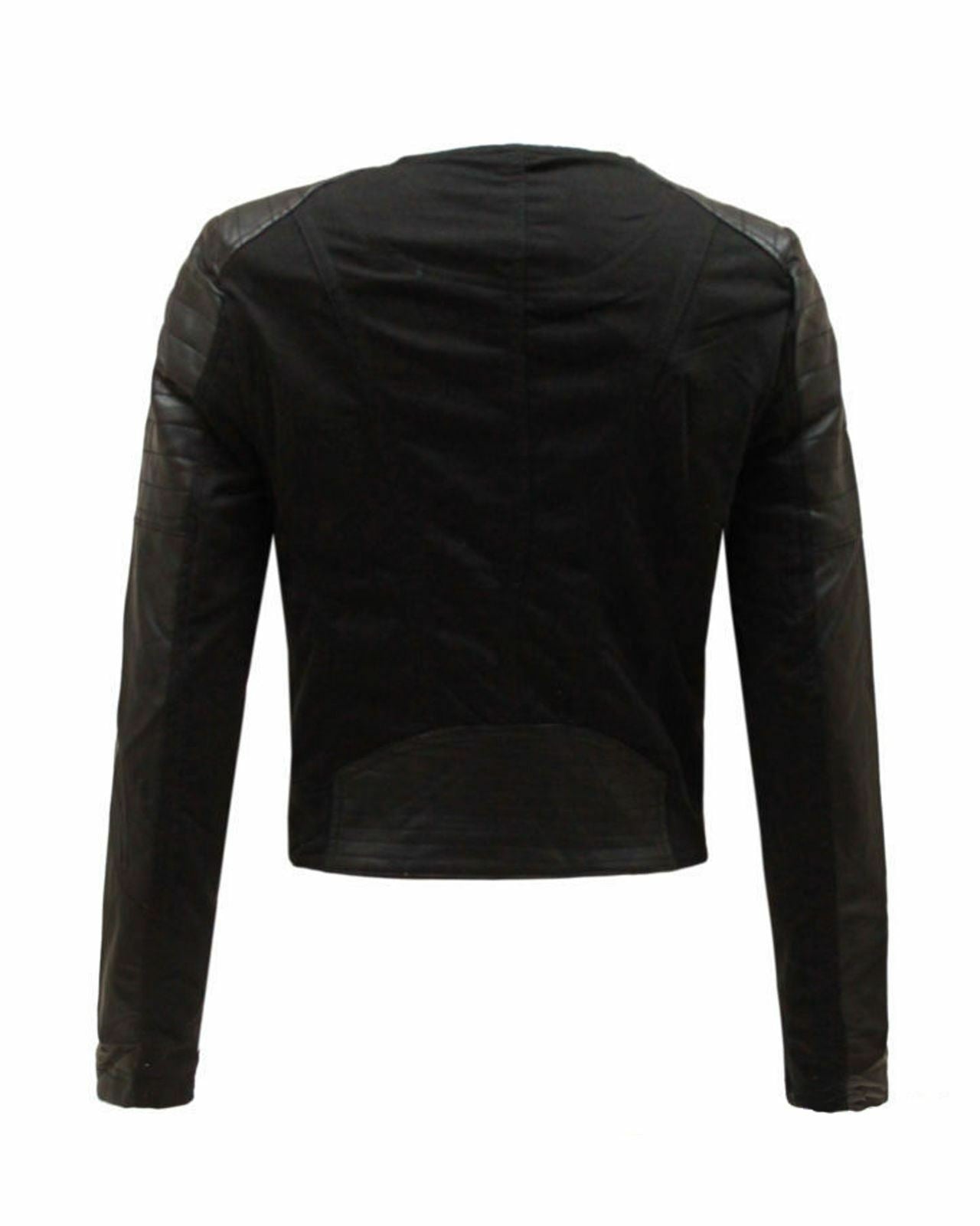 New Ladies Women Side Zipped Faux Leather PU PVC Crop Black Biker Jacket 8-14