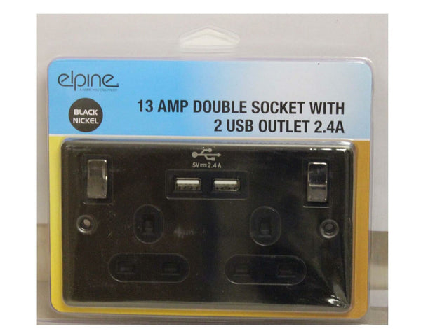 Black Nickel Double Gang UK power socket with Twin USB Charging Sockets 2.4 Amp
